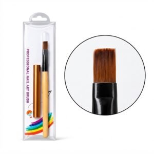 Alt Text: Professional Nail Art Brush in clear packaging with wooden handle and close-up bristle view for nail design and beauty salons.