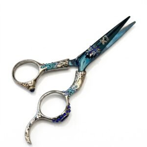 Professional Fancy Razor Scissors with decorative handle in blue and silver