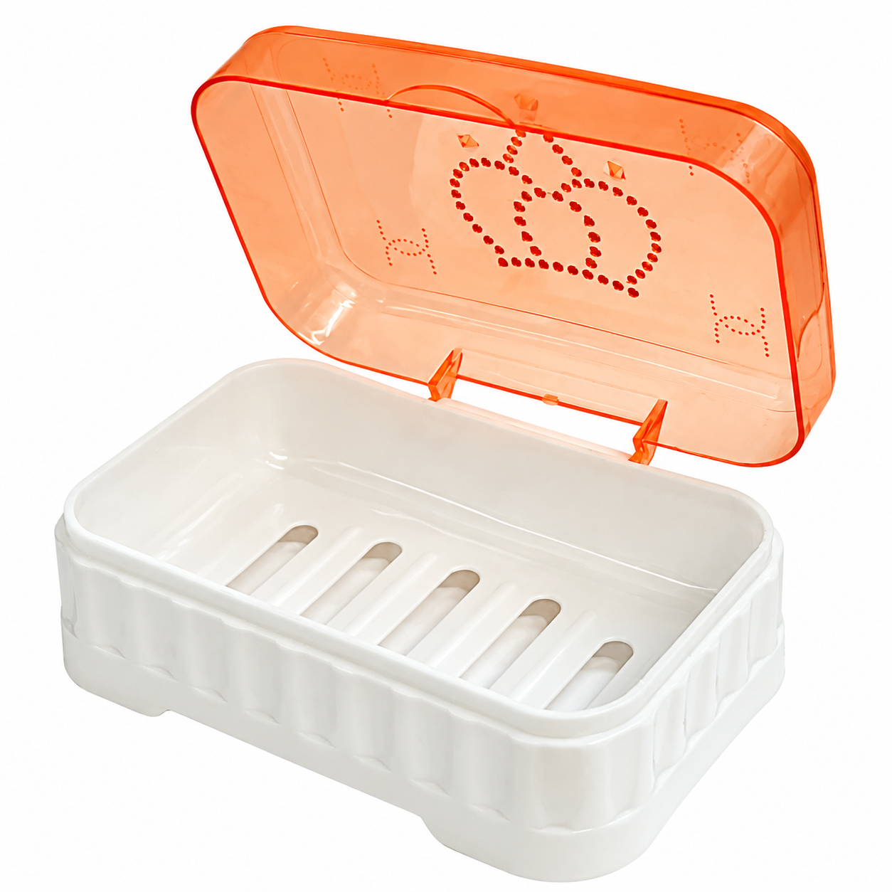 Stylish soap dish with an orange cover for salon and home use.