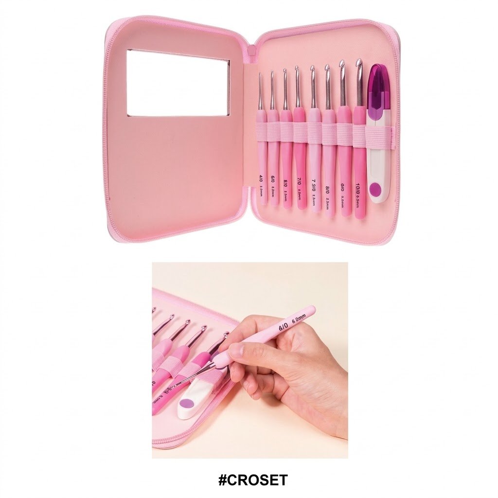Croshet Needle Set in Pink with 9 different needle sizes