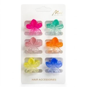Multicolour flower-shaped hair clips set in a pack of six.