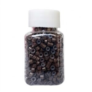 Brown micro rings for hair extensions in a clear container