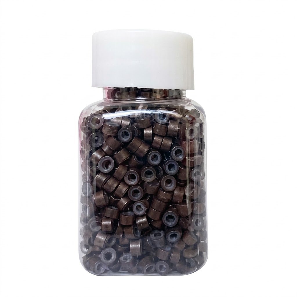 Brown micro rings for hair extensions in a clear container
