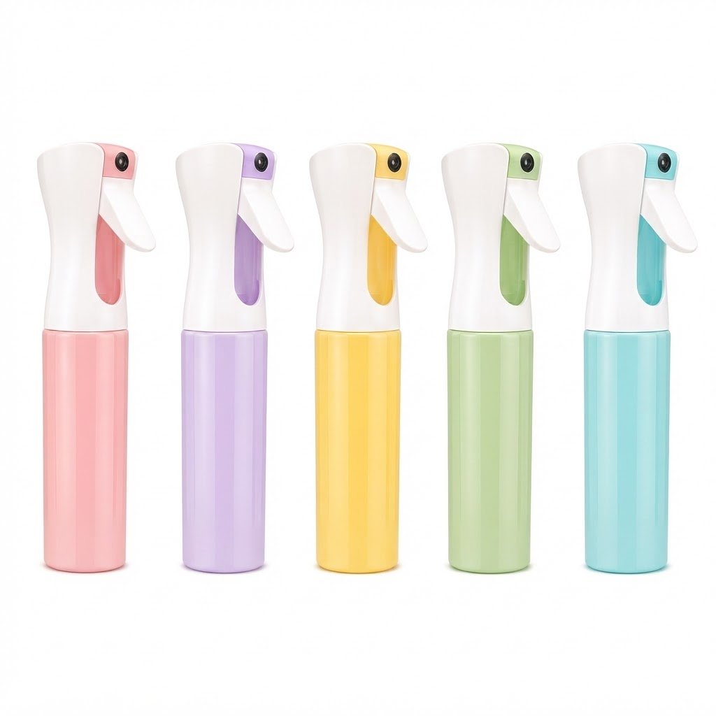 Clear mist spray bottle in assorted colours, perfect for hair care